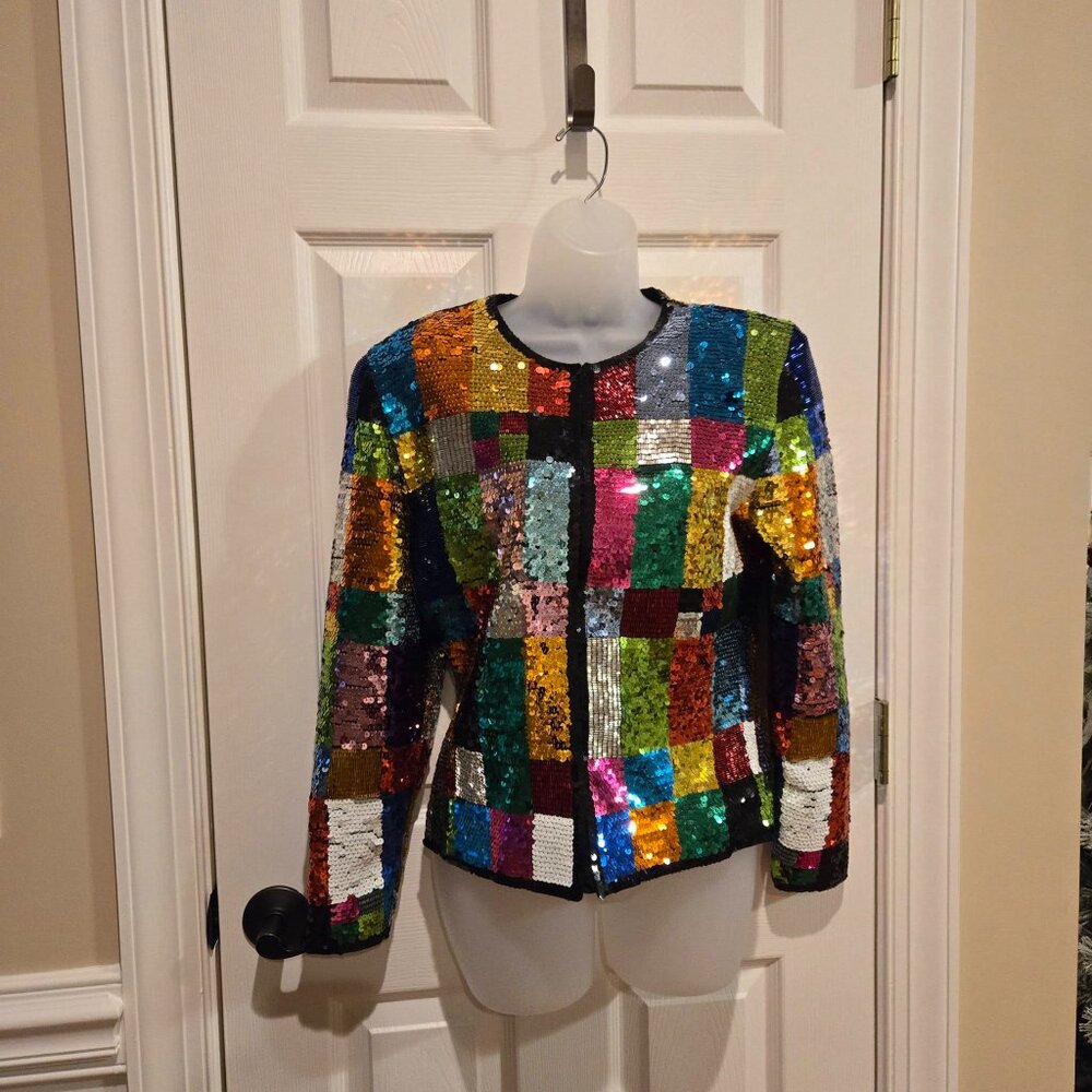 Vintage Adrienne Vittadini Rainbow Sequin Glitter Patchwork Jacket Small - Picture 3 of 15